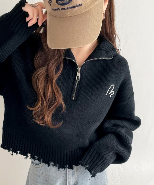 mily bilet(ミウィビレット)の「【mily bilet】こなれクラッシュ、はじめました。ダメージ ハーフジップ 胸 刺繍 ニット(ニット/セーター・レディース・アイボリー/ブルー/チャコールグレー・LARGE/MEDIUM/SMALL/X-LARGE)」の17枚目の写真