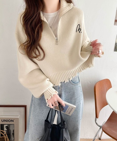 mily bilet(ミウィビレット)の「【mily bilet】こなれクラッシュ、はじめました。ダメージ ハーフジップ 胸 刺繍 ニット(ニット/セーター・レディース・アイボリー/ブルー/チャコールグレー・LARGE/MEDIUM/SMALL/X-LARGE)」の14枚目の写真