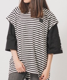RE730 ブラック×ホワイトのクールなフェイクレイヤード半袖Tシャツ