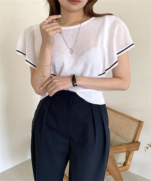 FREE STYLISTS(フリー スタイリスト)の「配色ラインサマーニットトップス(Tシャツ/カットソー・レディース・ベージュ/オフホワイト/ブルーグレー・FREE)」の5枚目の写真