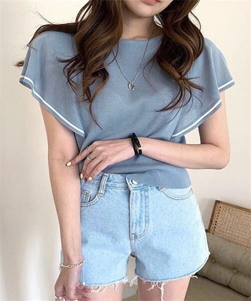 FREE STYLISTS(フリー スタイリスト)の「配色ラインサマーニットトップス(Tシャツ/カットソー・レディース・ベージュ/オフホワイト/ブルーグレー・FREE)」の7枚目の写真