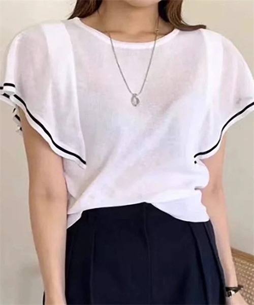 FREE STYLISTS(フリー スタイリスト)の「配色ラインサマーニットトップス(Tシャツ/カットソー・レディース・ベージュ/オフホワイト/ブルーグレー・FREE)」の6枚目の写真