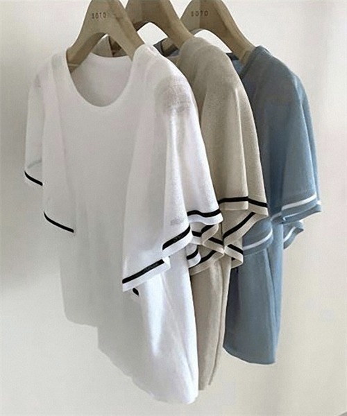 FREE STYLISTS(フリー スタイリスト)の「配色ラインサマーニットトップス(Tシャツ/カットソー・レディース・ベージュ/オフホワイト/ブルーグレー・FREE)」の11枚目の写真