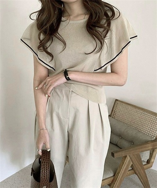 FREE STYLISTS(フリー スタイリスト)の「配色ラインサマーニットトップス(Tシャツ/カットソー・レディース・ベージュ/オフホワイト/ブルーグレー・FREE)」の9枚目の写真