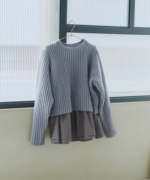 Petitle（プチレ）の「[ 低身長向けサイズ ] ショートニット×ペプラムブラウスセット（ニット/セーター・レディース・オフホワイト/チャコール/ブラック×ホワイト・PM）」の13枚目の写真