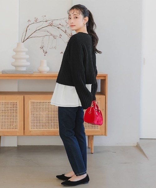 Petitle（プチレ）の「[ 低身長向けサイズ ] ショートニット×ペプラムブラウスセット（ニット/セーター・レディース・オフホワイト/チャコール/ブラック×ホワイト・PM）」の21枚目の写真