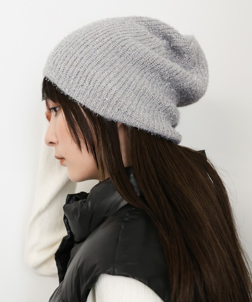 select MOCA(セレクトモカ)の「ラメニットビーニー(ニットキャップ/ビーニー・レディース・シルバー/ブラック/アイボリー・FREE)」の1枚目の写真