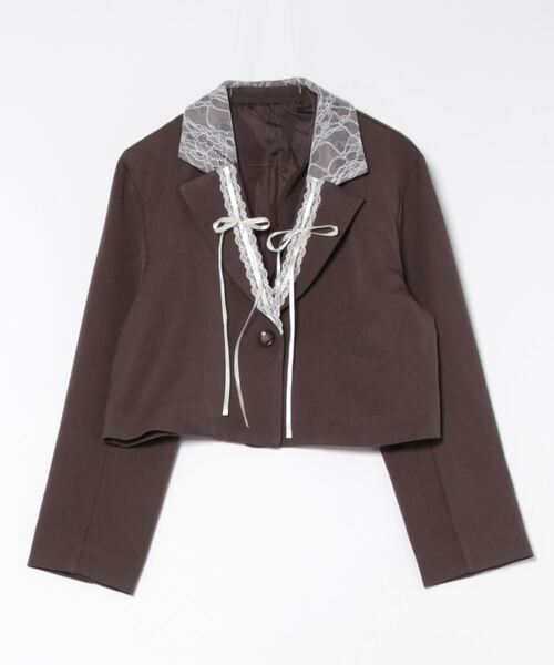 セール】ツイル×レースリボンショートテーラードジャケット