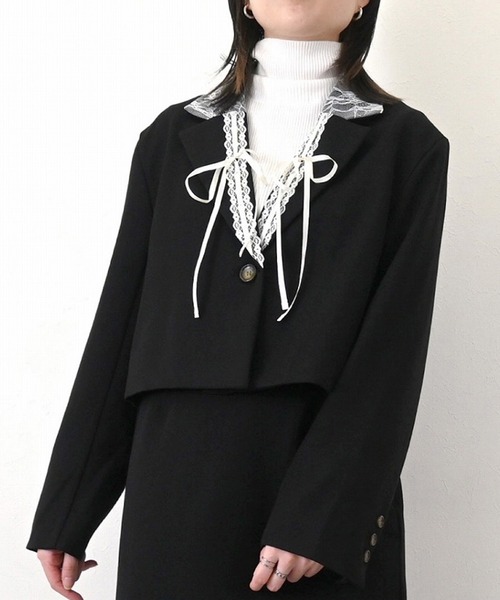 STYLEBLOCK（スタイルブロック）の「ツイル×レースリボンショートテーラードジャケット（テーラードジャケット・レディース・ブラック/ベージュ/ネイビー/ブラウン・M）」の2枚目の写真