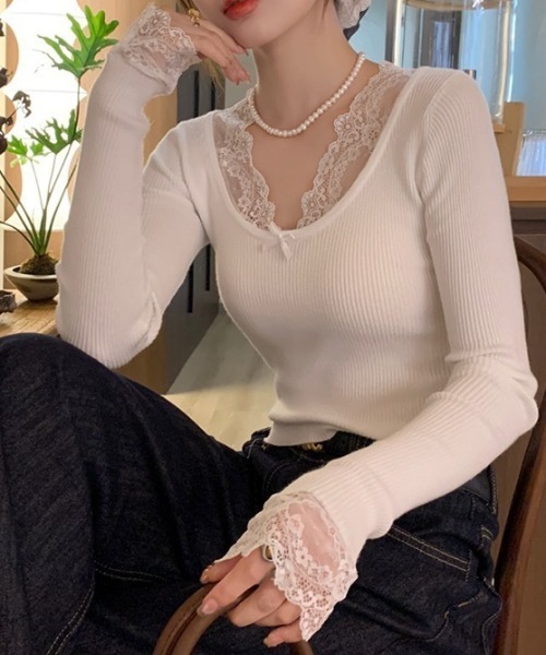 SHEPP(シープ)の「レースレイヤードリボンリブカット(Tシャツ/カットソー・レディース・アイボリー/ホワイト/ブラック・F)」の1枚目の写真