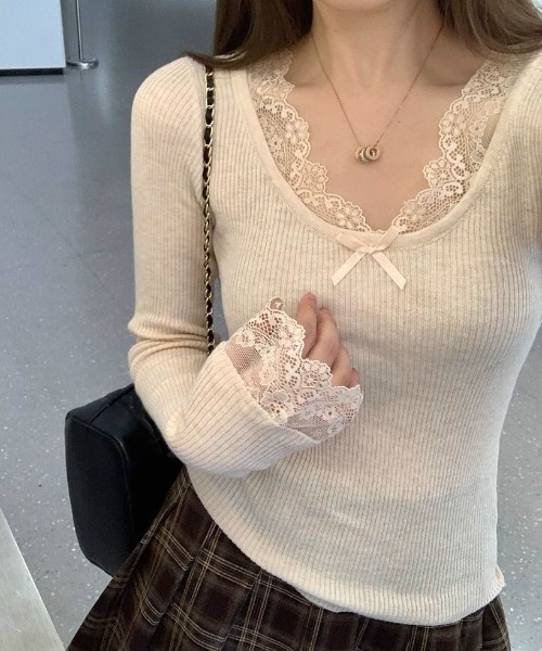 SHEPP(シープ)の「レースレイヤードリボンリブカット(Tシャツ/カットソー・レディース・アイボリー/ホワイト/ブラック・F)」の3枚目の写真