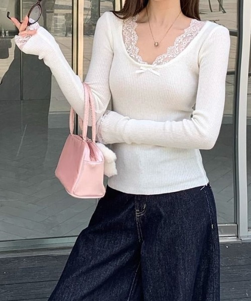 SHEPP(シープ)の「レースレイヤードリボンリブカット(Tシャツ/カットソー・レディース・アイボリー/ホワイト/ブラック・F)」の4枚目の写真