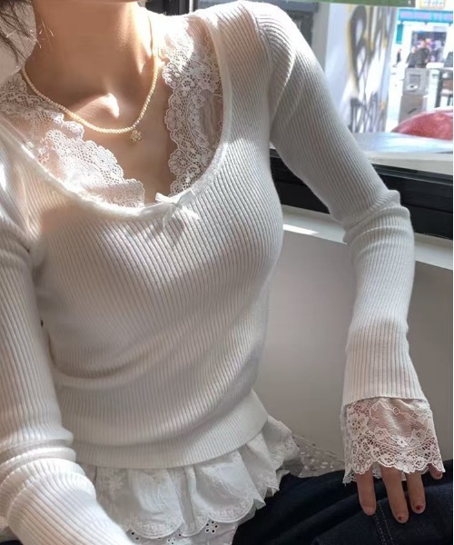 SHEPP(シープ)の「レースレイヤードリボンリブカット(Tシャツ/カットソー・レディース・アイボリー/ホワイト/ブラック・F)」の7枚目の写真
