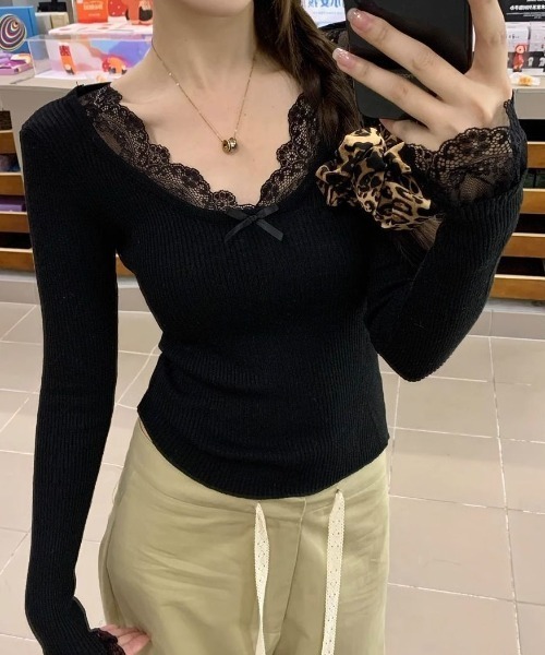 SHEPP(シープ)の「レースレイヤードリボンリブカット(Tシャツ/カットソー・レディース・アイボリー/ホワイト/ブラック・F)」の15枚目の写真