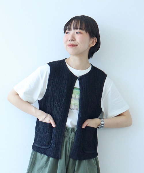 PAR ICI（パーリッシィ）の「【WEB別注カラー】ストライプ刺繍 ベスト(セットアップ対応)（ベスト・レディース・ホワイト/チェック/ブラック・FREE）」の2枚目の写真