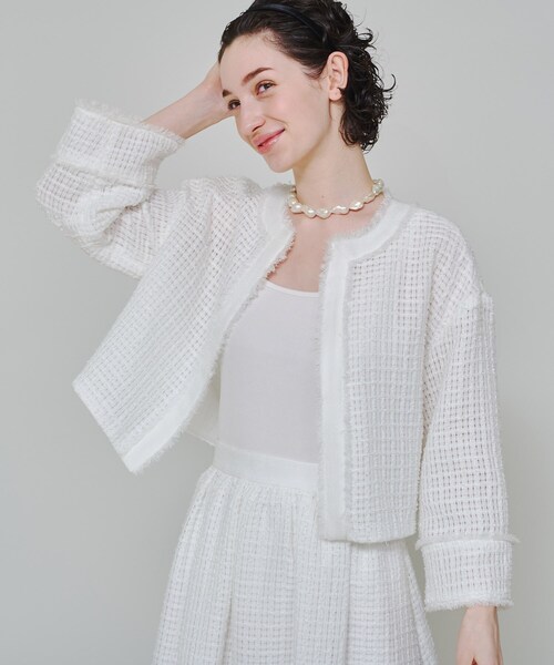 DRESSTERIOR（ドレステリア）の「【スタイリスト福田麻琴さんコラボ】シアーツイードジャケット（ノーカラージャケット・レディース・ブラック/ホワイト・38/36）」の5枚目の写真