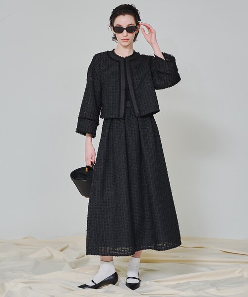 DRESSTERIOR（ドレステリア）の「【スタイリスト福田麻琴さんコラボ】シアーツイードジャケット（ノーカラージャケット・レディース・ブラック/ホワイト・38/36）」の12枚目の写真