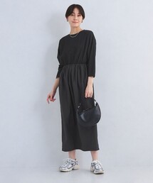 フリンジ付き黒ロングドレス　グリーンレーベルリラクシング　オケージョンワンピース セール】サテン ギャザー ショートスリーブ ワンピース