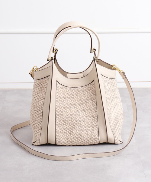 【美品】ダイアナ　スクエアハンドバッグ　ショルダーストラップ　ゴールドファスナー セール】2WAY ラフィア風素材ショルダーストラップ付き