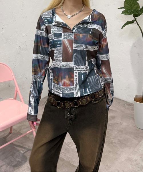 sedacle girl(セダクルガール)の「アソートヘンリーネックサーマルロンT(Tシャツ/カットソー・レディース・ドット/オレンジ系その他/レオパード・FREE)」の2枚目の写真