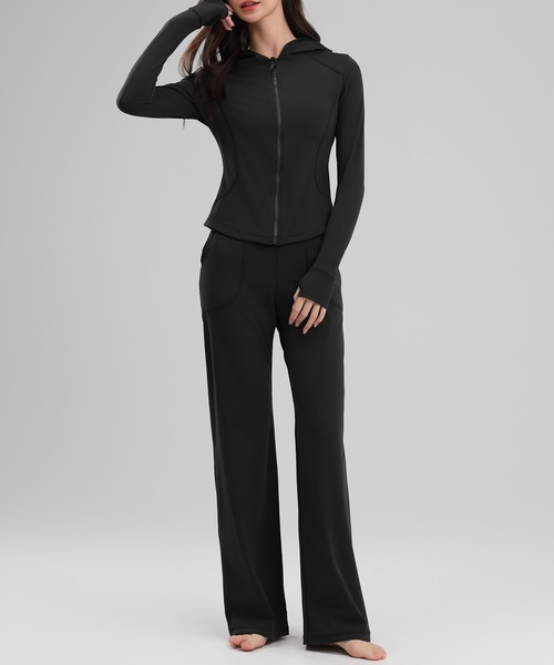 セール】レディース 長袖フード付きジップアップヨガトップス+