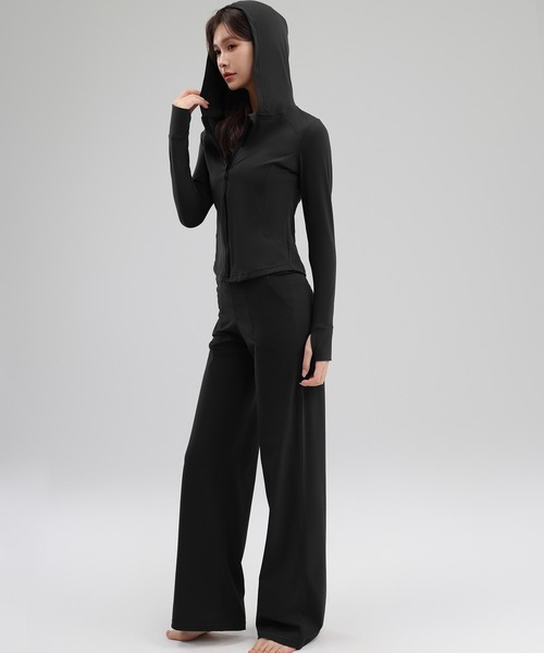 セール】レディース 長袖フード付きジップアップヨガトップス+