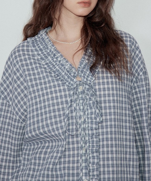 フリルVネック チェック柄 コットンブラウス FX25S131【Fano Studios