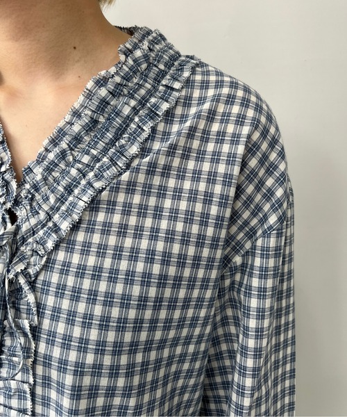 フリルVネック チェック柄 コットンブラウス FX25S131【Fano