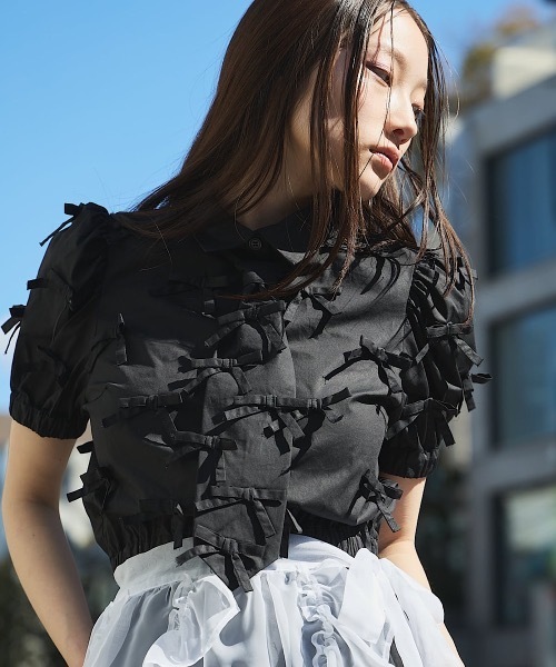 ブラウス シャツ リボン パフスリーブ ブラウス レディース FEKETE ブラウス シャツ BACK OPEN RIBBON BLOUSE