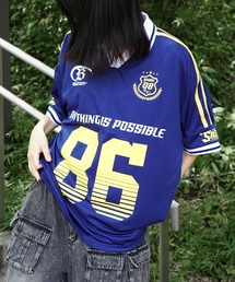 バイカラー×サイドライン ナンバリングゲームプリントシャツ / Vネック ビッグシルエット 半袖Tシャツ ユニセックス / 韓国ストリート×古着風