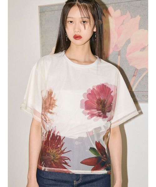 MURUA(ムルーア)の「【MURUA×STAYFLOWER】チュールドッキングフラワーTシャツ(Tシャツ/カットソー・レディース・ベージュ/ブルー/アイボリー・FREE)」の2枚目の写真