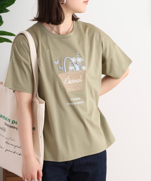 BRODIAEA(ブローディア)の「BRODIAEA かごバッグデザイン半袖Tシャツ(Tシャツ/カットソー・レディース・モスグリーン/キャメル/オフホワイト/ピンク/ブラック/サックスブルー・40)」の17枚目の写真