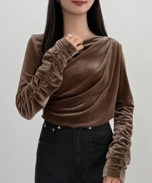 セール】【薄手】ドレープベロアトップス（Tシャツ/カットソー
