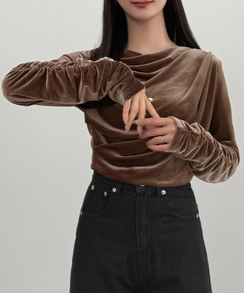 PHERE ベロアトップス ラインストーンメッシュベロアTOPS(M IVORY): トップス