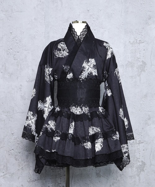 amilige クロスハート羽総柄浴衣ワンピース＋帯セット クロスハート羽総柄浴衣ワンピース＋帯セット（浴衣）｜Amilige