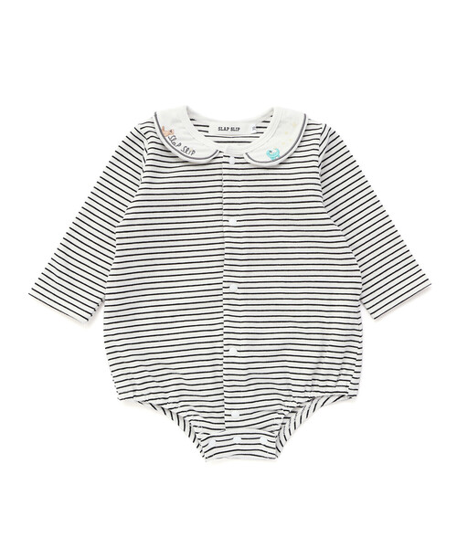 SLAP SLIP BABY（スラップスリップベビー）の「無地ボーダーアニマルクマ恐竜刺しゅうライン襟付きボディミニベビー(70~80cm)（ロンパース・キッズ・オフホワイト/ブラック系その他・70cm/80ｃｍ）」の2枚目の写真
