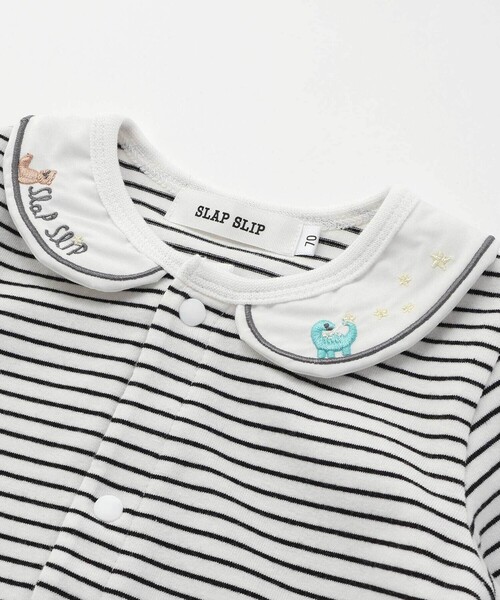 SLAP SLIP BABY（スラップスリップベビー）の「無地ボーダーアニマルクマ恐竜刺しゅうライン襟付きボディミニベビー(70~80cm)（ロンパース・キッズ・オフホワイト/ブラック系その他・70cm/80ｃｍ）」の9枚目の写真