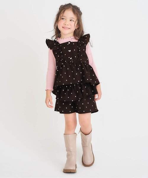 apres les cours(アプレレクール)の「【ジュニア対応】フリルチュニック&ティアードキュロットセット(セットアップ・キッズ・インディゴブルー/ブラウン・90/100/110/120/130/140)」の3枚目の写真