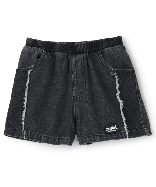 X-girl Stages（エックスガールステージス）の「【TBSドラマ フェイクマミー 着用アイテム】サイドラインバックロゴデニムショートパンツ（デニムパンツ・キッズ・ブラック/ブルー・140cm/130cm/120cm/110cm）」の2枚目の写真