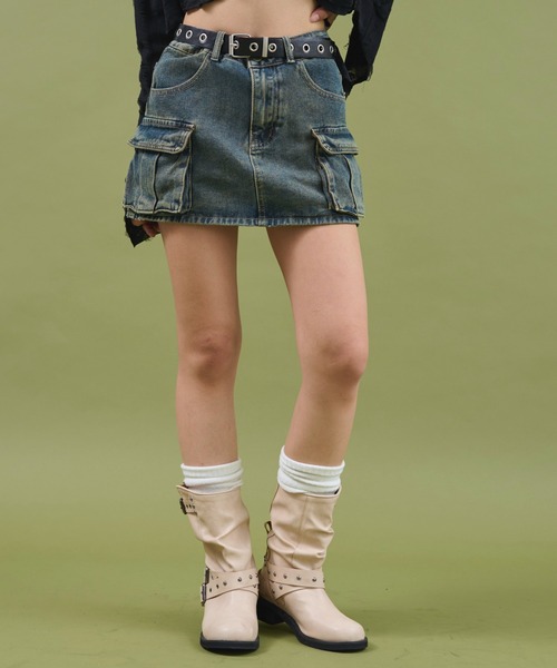 dispark（ディスパーク）の「DISPARK/ハトメベルトカーゴデニムスカパン（デニムスカート・レディース・ブルー系1/ブラック・SMALL/MEDIUM）」の4枚目の写真