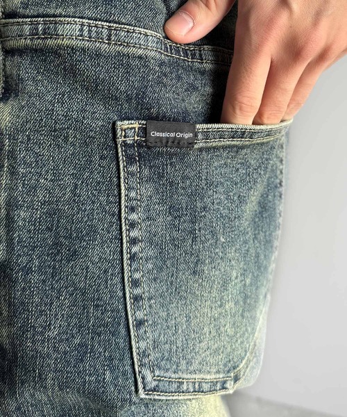 Classical Origin（クラシカルオリジン）の「ブラスト＆裾フリンジ加工ストレッチ素材スリムフレアデニムパンツ／Blasted & Fringed Stretch Slim Flare Denim Pants（デニムパンツ・メンズ・インディゴブルー/ブラック/ブルー・LARGE/MEDIUM/SMALL）」の13枚目の写真