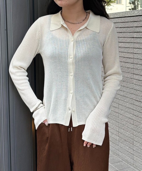 &g'aime(アンジェム)の「【&g'aime】シアーラメポロニット Sheer Lurex Polo Knit(ニット/セーター・レディース・モカ/ブラック/アイボリー/グリーン・FREE)」の2枚目の写真