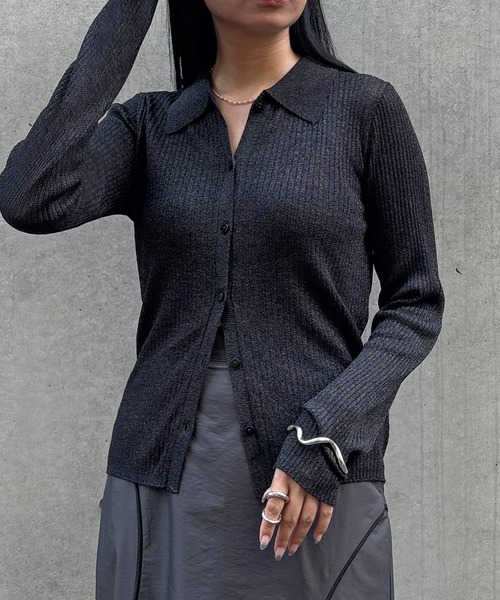 &g'aime(アンジェム)の「【&g'aime】シアーラメポロニット Sheer Lurex Polo Knit(ニット/セーター・レディース・モカ/ブラック/アイボリー/グリーン・FREE)」の3枚目の写真