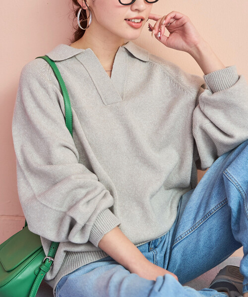 FREAK'S STORE（フリークスストア）の「限定展開　ポロ襟 スキッパー ニット プルオーバー（ニット/セーター・レディース・グレー/ナチュラル/ブラック/ネイビー/グリーン/レッド/ブラウン・ﾌﾘ-）」の18枚目の写真