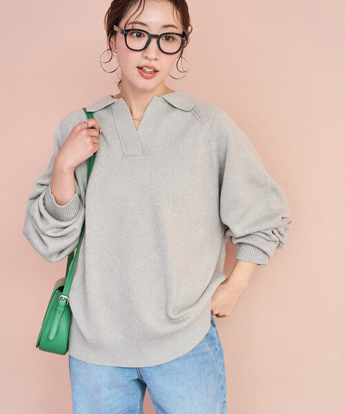 FREAK'S STORE（フリークスストア）の「限定展開　ポロ襟 スキッパー ニット プルオーバー（ニット/セーター・レディース・グレー/ナチュラル/ブラック/ネイビー/グリーン/レッド/ブラウン・ﾌﾘ-）」の19枚目の写真