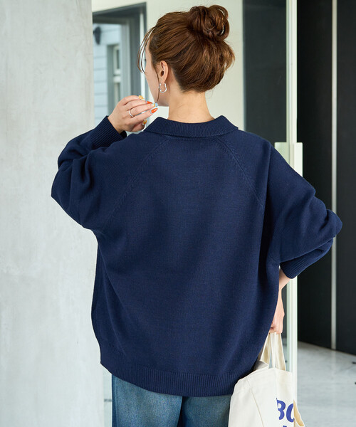 pheeny トップス レディース 長袖 スキッパーニット 紺 プルオーバー セール】限定展開 ポロ襟 スキッパー ニット プルオーバー（ニット