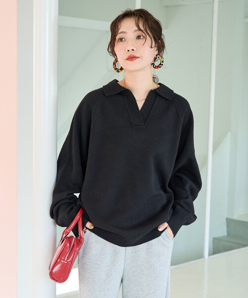 pheeny トップス レディース 長袖 スキッパーニット 紺 プルオーバー セール】限定展開 ポロ襟 スキッパー ニット プルオーバー（ニット