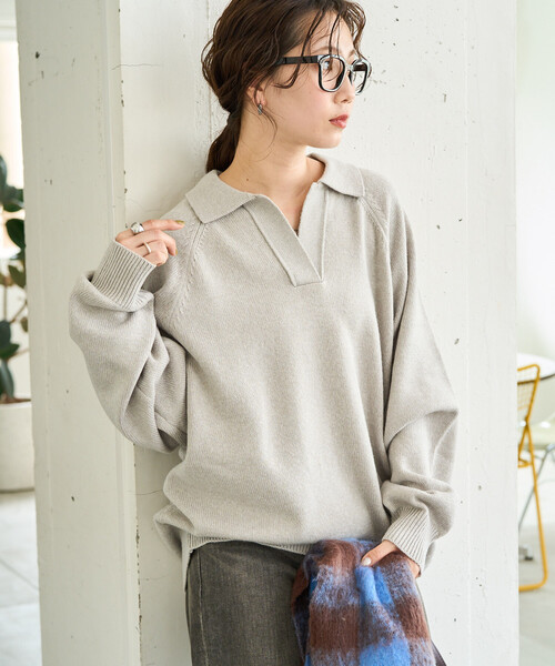 FREAK'S STORE（フリークスストア）の「限定展開　ポロ襟 スキッパー ニット プルオーバー（ニット/セーター・レディース・グレー/ナチュラル/ブラック/ネイビー/グリーン/レッド/ブラウン・ﾌﾘ-）」の10枚目の写真