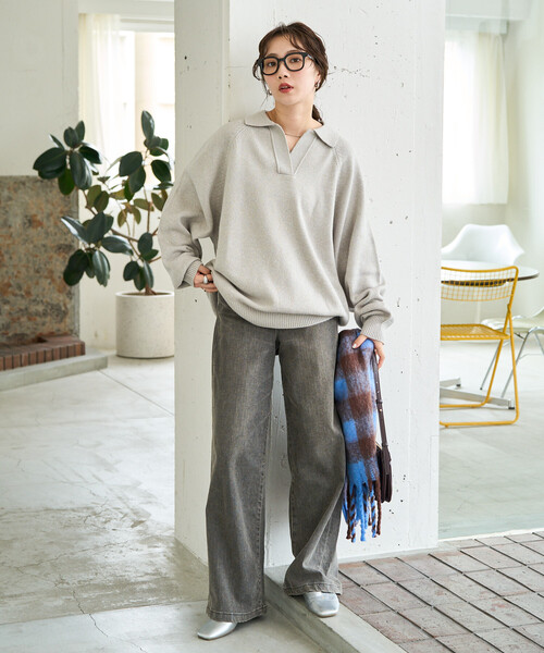 FREAK'S STORE（フリークスストア）の「限定展開　ポロ襟 スキッパー ニット プルオーバー（ニット/セーター・レディース・グレー/ナチュラル/ブラック/ネイビー/グリーン/レッド/ブラウン・ﾌﾘ-）」の11枚目の写真