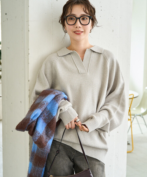 FREAK'S STORE（フリークスストア）の「限定展開　ポロ襟 スキッパー ニット プルオーバー（ニット/セーター・レディース・グレー/ナチュラル/ブラック/ネイビー/グリーン/レッド/ブラウン・ﾌﾘ-）」の15枚目の写真